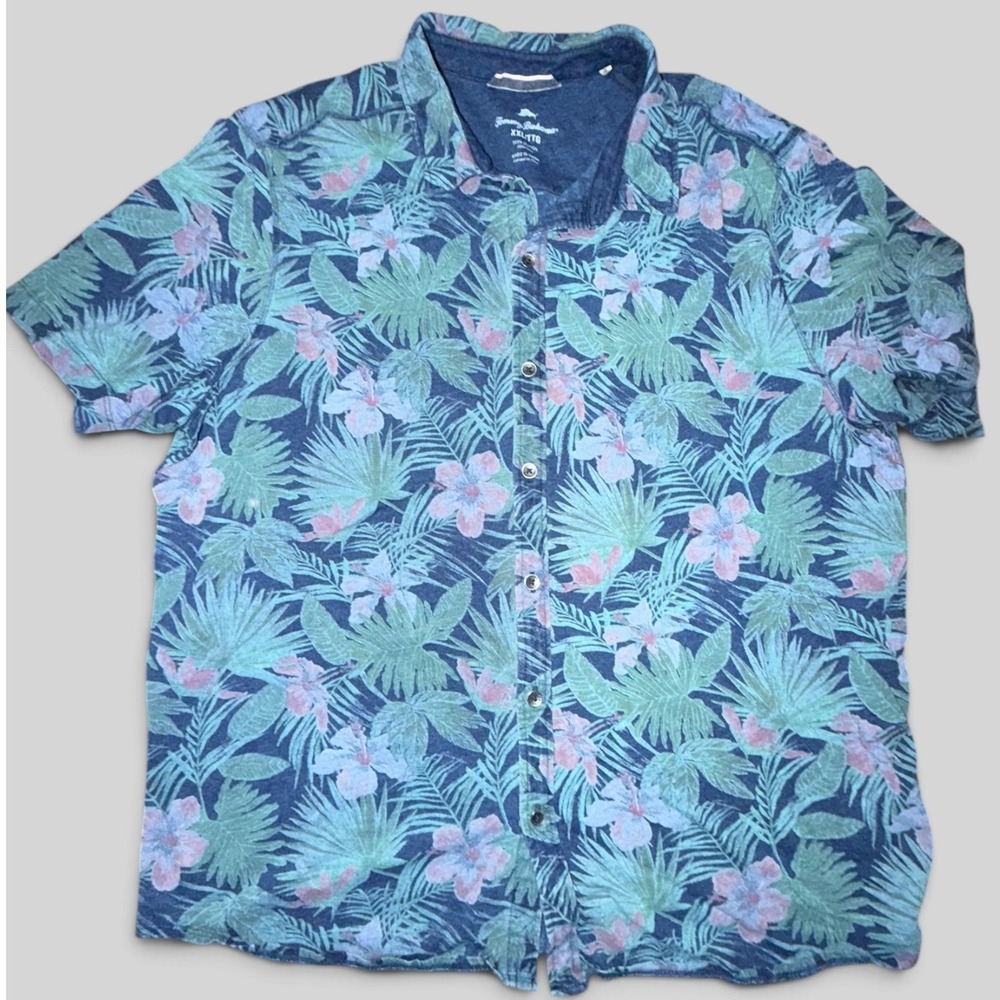 Tommy Bahama Mens XXL Blue Tropical Floral Palm Cotton Short Sleeve Button Shirt